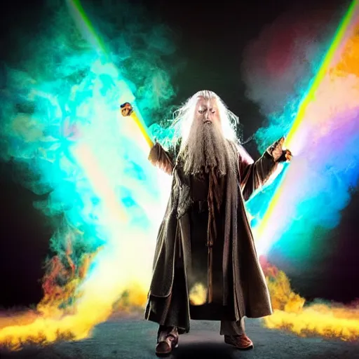 Prompt: gandalf playing in a funk band, fog machine, colored spotlights