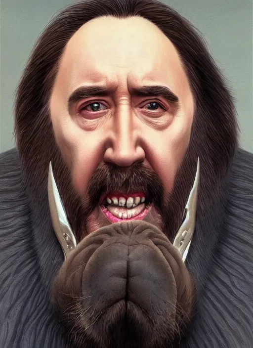 Image similar to portrait of walrus nicolas cage, highly detailed, centered, solid color background, digital painting, artstation, concept art, smooth, sharp focus, illustration, artgerm, donato giancola, joseph christian leyendecker, les edwards, ed repka, wlop