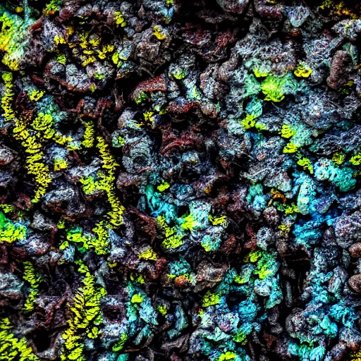 Prompt: closeup of bright lichens on a dark rock seen through a condensed window, macro photography, DSLR, sony a7III, nature photography, shallow depth of field, 4K, cinematic lighting, collage