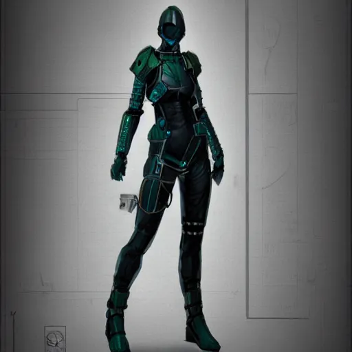 Prompt: rogue armor set in cyberpunk, female, concept art