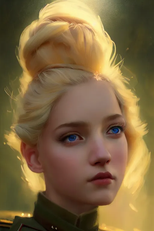 Image similar to cinematic shot of an epic portrait of a cute blonde fairy dressed in military clothes, stylised military clothes, shiny skin, beautiful eyes, beautiful, small details, night setting, realistic poster with volumetric light from jeremy lipkin and michael garmash, craig mallism, artgerm, unreal engine, radiant light, digital art, trends at art station, a masterpiece