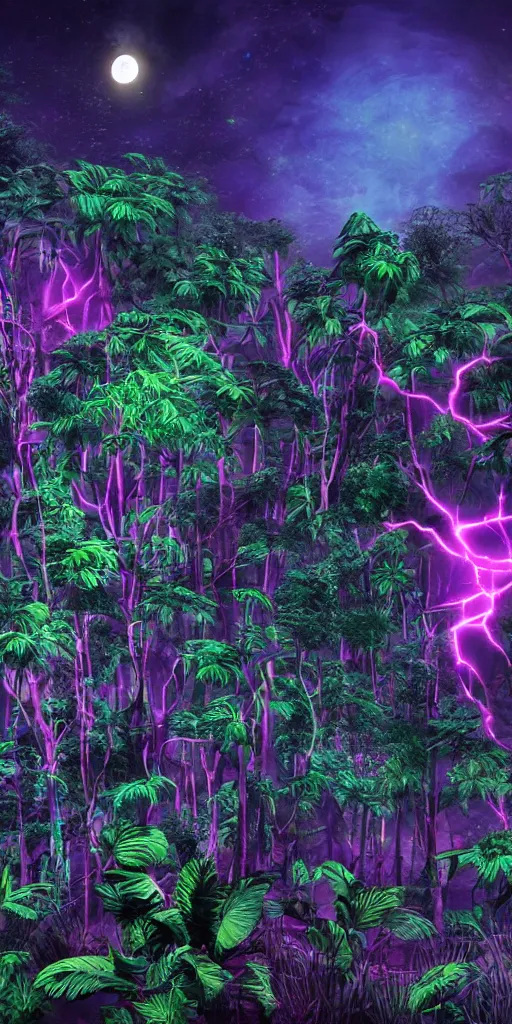 Prompt: Magic jungle at starry night during super full moon, digital graffiti landscape, detailed, sci-fi fantasy, surreal, main colour - black, second colours - purple, fuchsia, dark mood, creepy lightning, deep shadows, HD, 4K, photorealistic, minimalistic