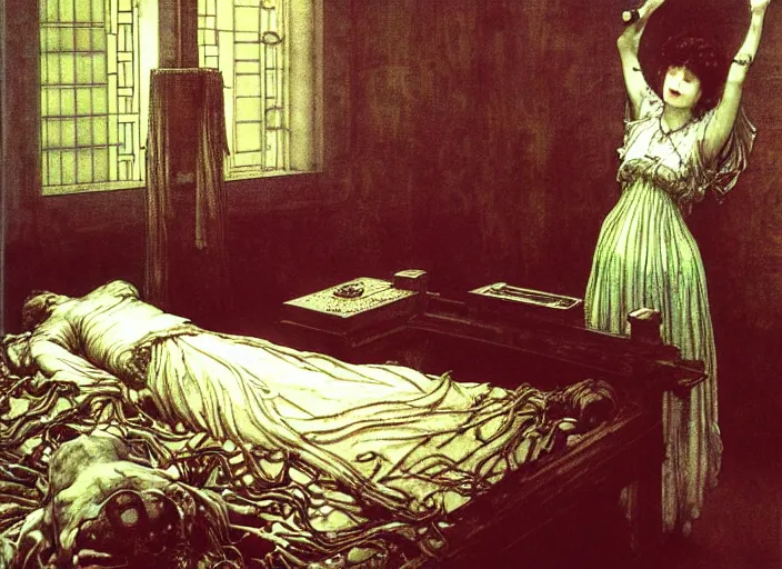 Prompt: the mind mender, standing, hospital room setting, medical tray, injured patient on bed, extremely detailed, painting by arthur rackham, eugene de blaas, frederic leighton, scifi, neo - gothic, intricate, rich deep colors. beksinski painting, part by adrian ghenie and gerhard richter. art by takato yamamoto. masterpiece