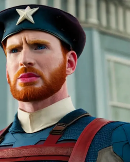 Image similar to film still close - up shot of ginger chris evans as captain america from the movie captain america : the first avenger. photographic, photography