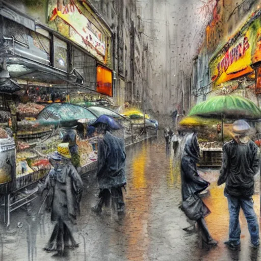 Image similar to hyper realistic an detailed epic concept matte art painting of a food market festival by banksy, carne griffiths and monet. Street photography. Watercolor finishing. rainy day.