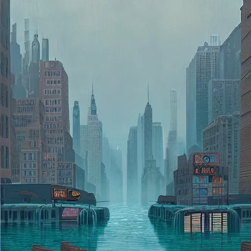 Image similar to New York under water by Simon Stålenhag and Grant Wood