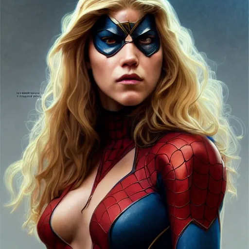 Image similar to beautiful Katheryn Winnick as Spider-Woman, western, closeup, D&D, fantasy, intricate, elegant, highly detailed, digital painting, artstation, concept art, matte, sharp focus, illustration, art by Artgerm and Greg Rutkowski and Alphonse Mucha