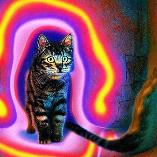 Prompt: soul leaving a cat as it squeezes through a narrow hole surreal psychedelic colors glowing high definition dreamy atmosphere