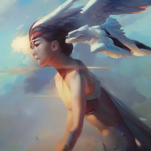 Image similar to Flying, an oil painting by Ross Tran, John Harris, Krenz Cushart, trending on Artstation