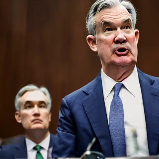 Image similar to a bear interrupting jerome powell during a speech to congress