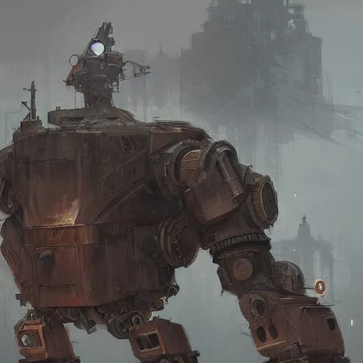 Image similar to gigantic steampunk mecha, dense fog, trending on artstation, jakub rozalski