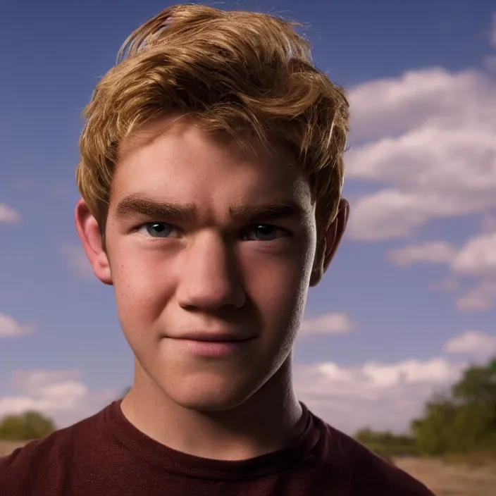 Prompt: portrait of teenager antony starr as homelander from the boys ( 2 0 1 9 ), slightly smiling. looking towards the camera, by brandon stanton. blonde hair. detailed, 4 k, morning hour.