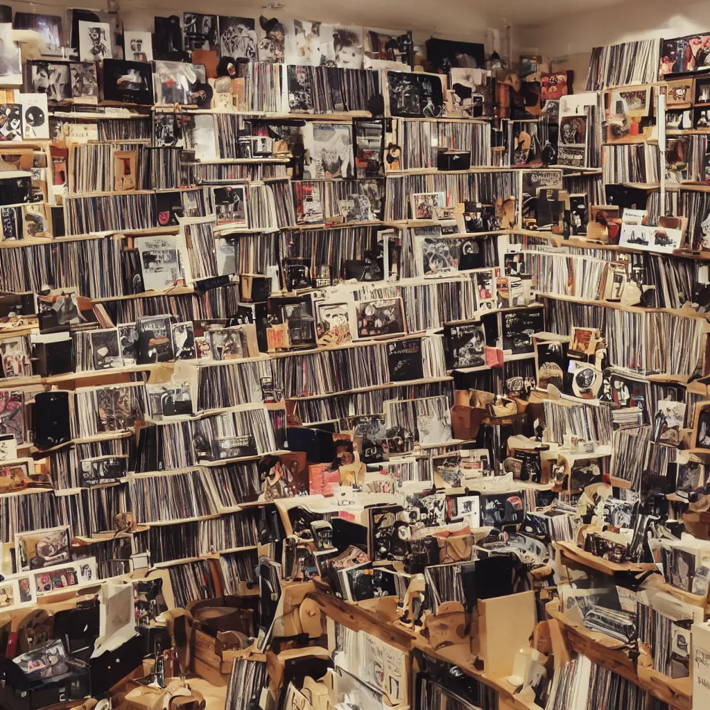 Prompt: cozy music shop, anime style, floor to ceiling shelves of vinyl LP records, large speakers and hifi equipment