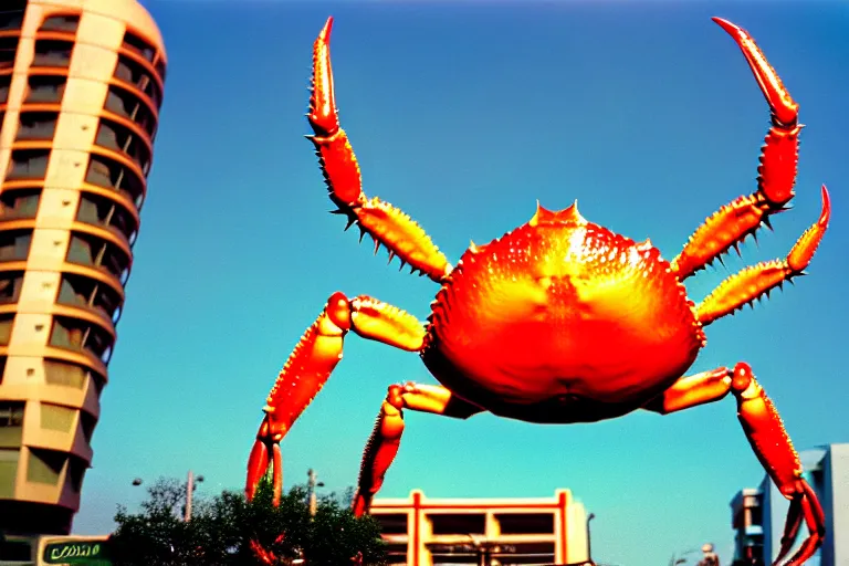 Image similar to 2 0 1 5 giant crab terrorizing a city, googie architecture, americana, fishcore, exterior photography, hd 8 k, photography cinestill