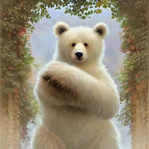 Image similar to cute fluffy bear who wants a hug digital painting, artstation, concept art, soft light, hdri, smooth, sharp focus, illustration, fantasy, intricate, elegant, highly detailed, D&D, matte painting, in the style of Greg Rutkowski and Alphonse Mucha and artemisia, 8k, highly detailed, jurgens, rutkowski, bouguereau, pastoral, rustic, georgic