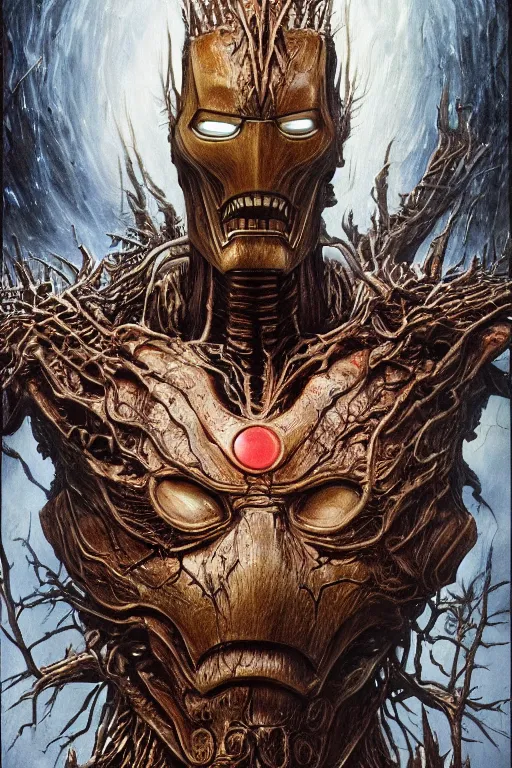 Image similar to full body concept art of Treebeard wearing iron man armor made with porcelain by Jeff Easley and Peter Elson + beautiful eyes, beautiful face + symmetry face + galaxy + gothic, surreal, dread + highly detailed, intricate complexity, epic composition, magical atmosphere + masterpiece, award winning + trending on artstation