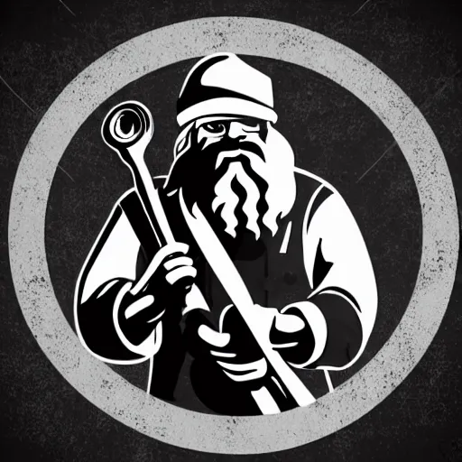 Image similar to bearded man turning bowl woodlathe, lathe, machinery, sawblade border, vector art, simple, clean, monochromatic, logo