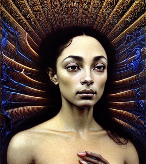 Image similar to detailed realistic beautiful young sade adu face portrait by jean delville, gustave dore and marco mazzoni, art nouveau, symbolist, visionary, gothic, pre - raphaelite. horizontal symmetry by zdzisław beksinski, iris van herpen, raymond swanland and alphonse mucha. highly detailed, hyper - real, beautiful, fractal baroque