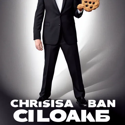 Image similar to Christian Bale wearing a suit whilst holding a cookie, film poster, 4k, award winning