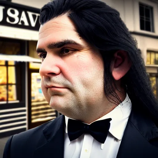 Image similar to Close up portrait of a clean-shaven chubby man with long black hair wearing a brown suit and necktie with a bakery in the background. Photorealistic. Award winning. Dramatic lighting. Intricate details. UHD 8K. He looks guilty