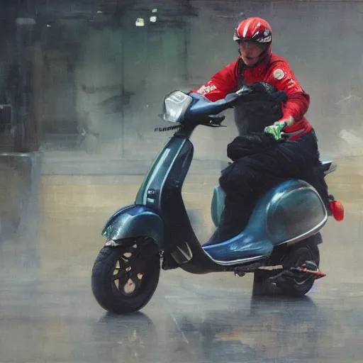 Image similar to portrait of the chilean redhead vespa fan in hong kong, oil on canvas by ruan jia and yoshitaka amano