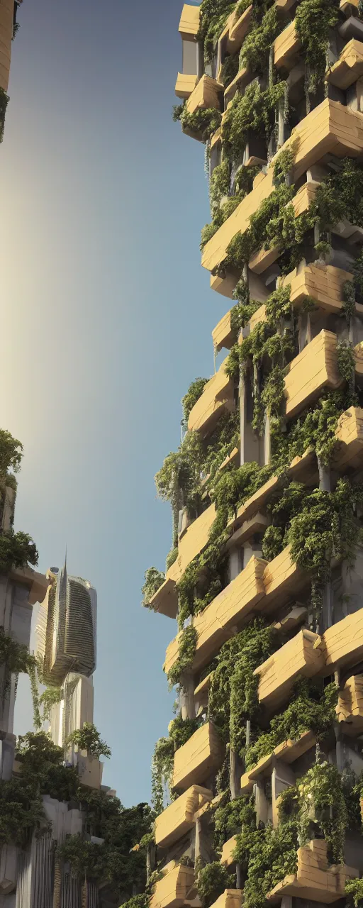 Image similar to solarpunk style, eye level view of a contemporary tower, golden intricate details, stone facade, sacred architecture, hanging gardens, cascading highrise, arid mountains with lush palm forest, photorealistic, sunlight, 8 k, post - production, octane, cgi, sfx