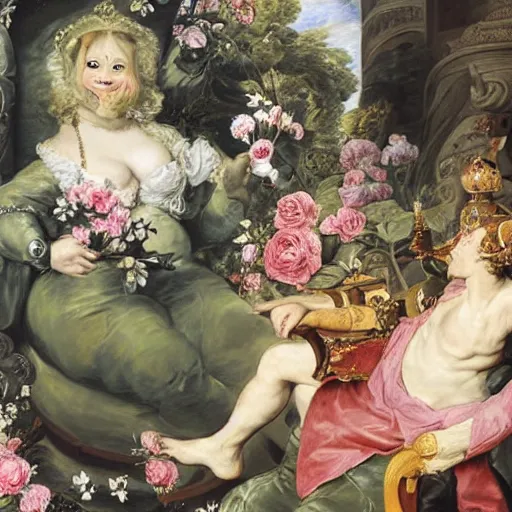 Image similar to realistic Pepe frog relaxed in a king's chair surrounded by beautiful women and flowers, clear weather, Peter Paul Rubens style