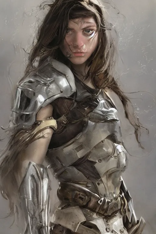 Image similar to a photorealistic painting of an attractive young girl, partially clothed in battle armor, olive skin, long dark hair, beautiful bone structure, symmetrical face, perfect eyes, intricate, elegant, digital painting, concept art, illustration, sharp focus, minimal artifacts, from Metal Gear, in the style of Ruan Jia and Mandy Jurgens, by Greg Rutkowski, trending on Artstation, award winning