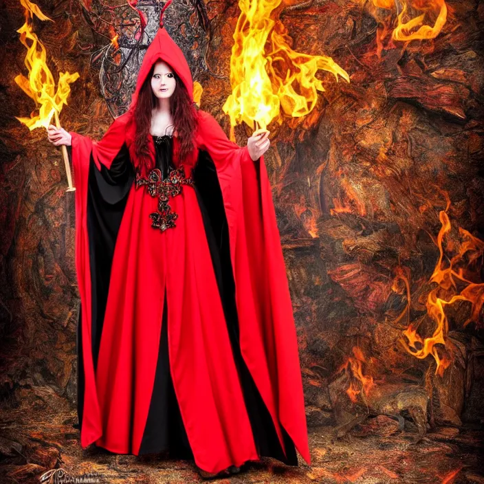 Image similar to full length photo of a very beautiful!! elemental fire witch with ornate red robes, highly detailed, 4 k, hdr, smooth, sharp focus, high resolution, award - winning photo