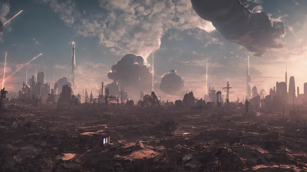 Image similar to a spaceship launching in a nuclear wasteland in the foreground, ruined city in background, thousands of rockets flying vertically in the sky, hyperrealistic, Cryengine 8k UHD
