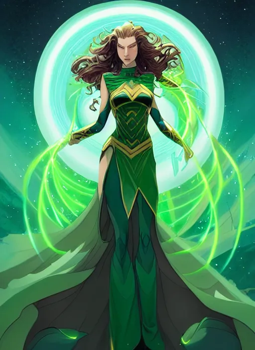 Image similar to style artgerm, joshua middleton, illustration, gal gadot as a high priestess wearing green pelt light armor, anime eyes, blue hair, swirling water cosmos, fantasy, dnd, cinematic lighting