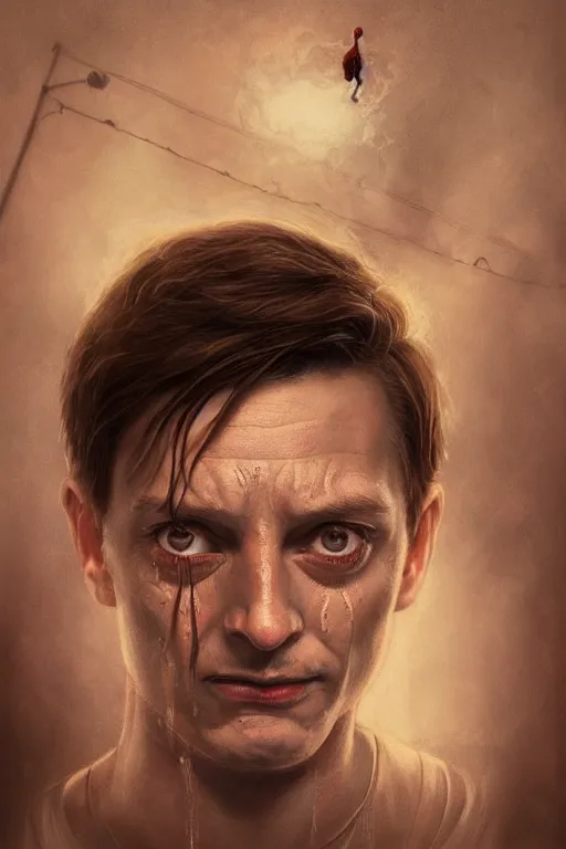 Prompt: a beautiful ultradetailed vintage photo of a toby maguire crying while playing spider man, by tom bagshaw and anna dittman, portrait, 2 4 mm lens, golden ratio composition, detailed face, studio photography, very detailed, humanoids, artstation, 8 k, highly coherent