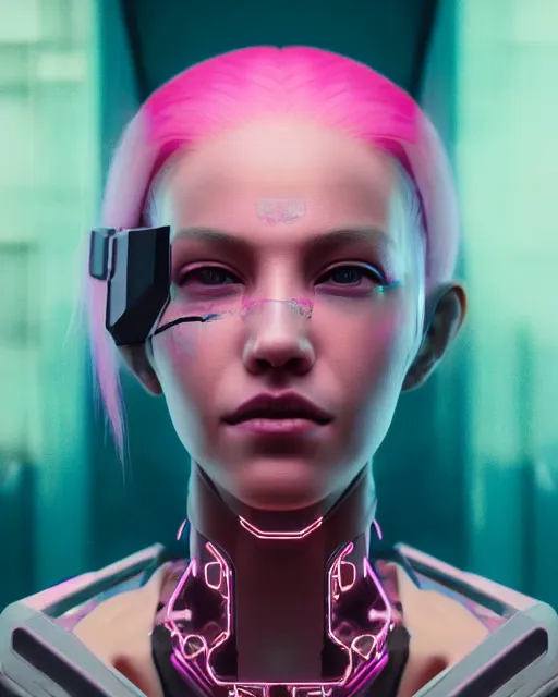 Image similar to portrait of a beautiful woman with pink hair as a cyberpunk cyborg, sci - fi, missing panels, intricate abstract upper body intricate artwork, by tooth wu, wlop, beeple, dan mumford. concept art, octane render, deviantart, greg rutkowski, cinematic, key art, hyperrealism, iridescent accents