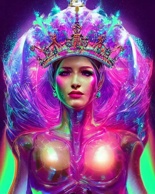 Prompt: a powerful energy psychedelic matrix queen with a crown, by alexander fedosav, hyper detailed digital matte painting, concept art, hyperrealism, 1 6 k resolution, cinema 4 d, 8 k resolution, trending on artstation, behance hd, a masterpiece, by stephan martiniere, particles, cel - shaded, power bright neon energy, by david a. hardy
