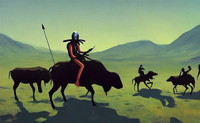 Prompt: Aliens riding Black buffaloes in the Pontine swamp with swords, very coherent, painted by Edward Hopper, painted by James Gilleard, airbrush, art by JamesJean