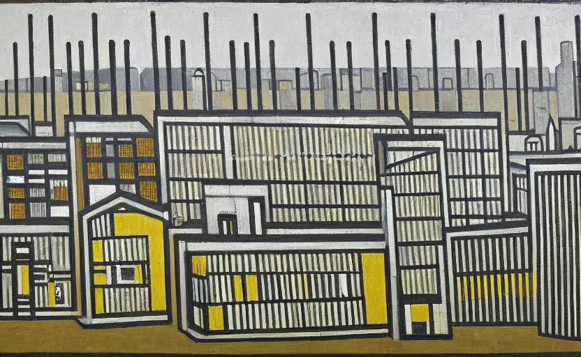 Image similar to geometric painting of industrial buildings surrounded by undergrowth by l. s. lowry