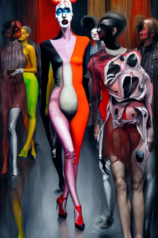 Image similar to crazy fashion catwalk, latex, constructivism, freak show, one model, crazy clothes, biopunk style, horror, hauntingly surreal, highly detailed painting by francis bacon, edward hopper, adrian ghenie, gerhard richter, and james jean 4 k