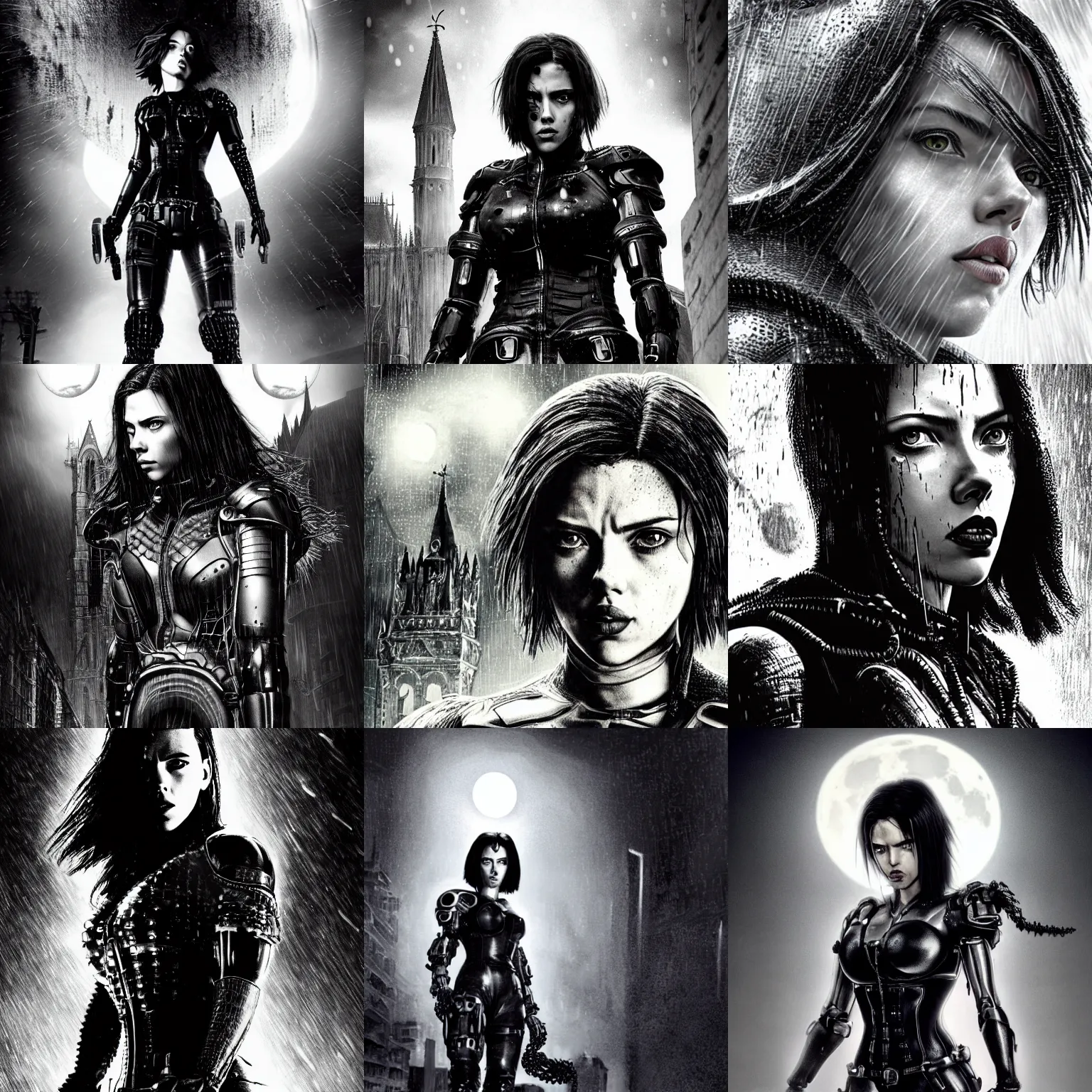 Prompt: angry scarlett johansson, wearing rain soaked chains armour in heavy rain, incredibly fine detailed portrait, battle angel alita, black and white, dynamic angle, pencil and ink manga, elegant, full body profile, far way wide angle 3 5 mm camera shot, highly detailed, dramatic full moon lighting, gothic cathedral prodominently in the background, movie cover