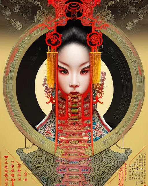 Image similar to portrait of a chinese cyberpunk machine, machine face, robed, upper half portrait, decorated with chinese opera motifs, regal, asian, fine china, wuxia, traditional chinese art intricate intense elegant 京 剧 highly detailed digital painting artstation concept art smooth sharp focus illustration, art by artgerm and greg rutkowski alphonse mucha 8 k