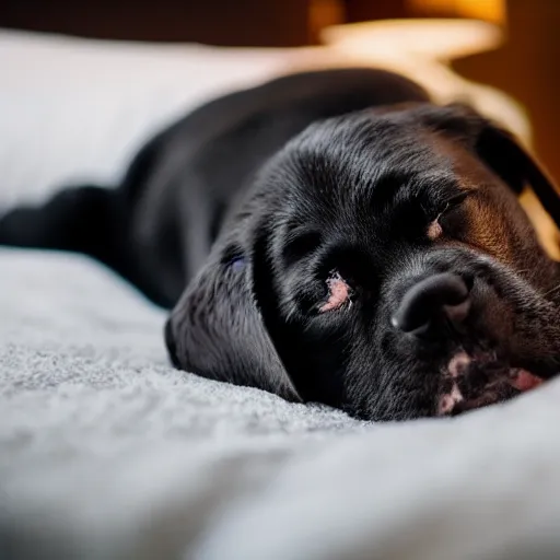 Prompt: a sleepy puppy in bed, resting on a pillow, Sigma 50mm f/1.4