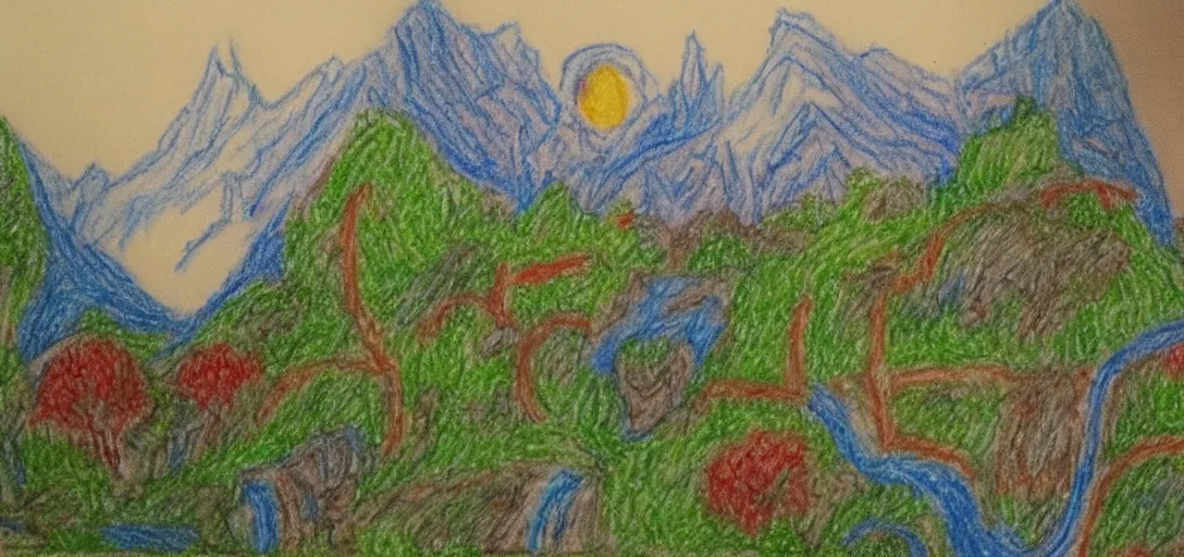 Prompt: Rivendell landscape poorly drawn in crayon by a five-year old