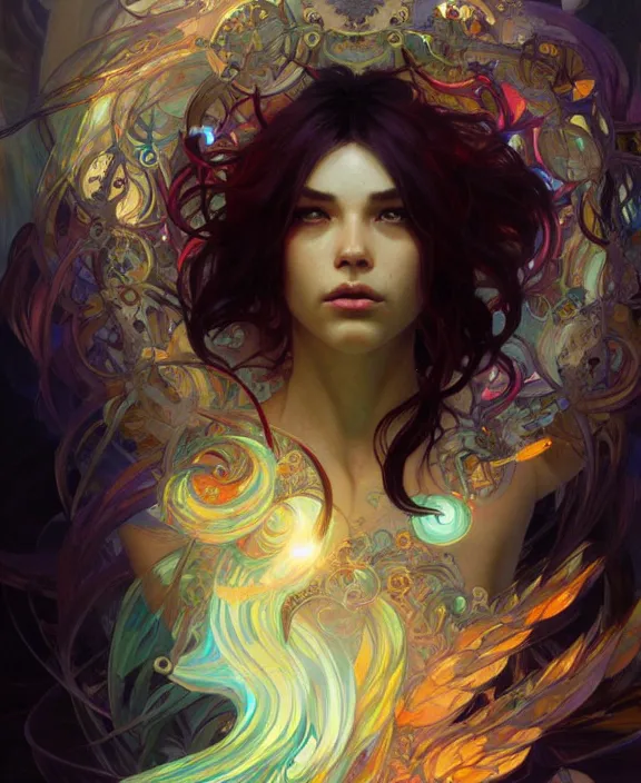 Image similar to a whirlwind of souls ushing inside the metaverse, half body, glowin eyes, d d, fantasy, intricate, elegant, highly detailed, colorful, vivid color, digital painting, artstation, concept art, art by artgerm and greg rutkowski and alphonse mucha and ruan jia