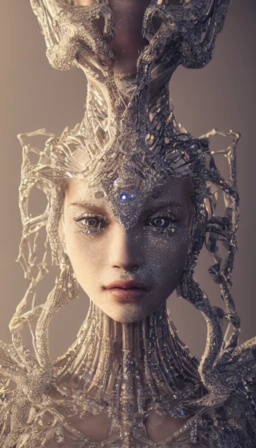 Image similar to full body detailed, ethereal, biomechanical, covered in diamonds and other gems glowing, highly detailed face, elegant posed, intricate, extremy detailed, beeple, cgsociety, 3 d unreal engine octane render. cinematic lighting, highly detailed 4 k art