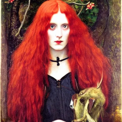 Prompt: A striking Pre-Raphaelite witch with intense eyes and bright red hair by John Collier