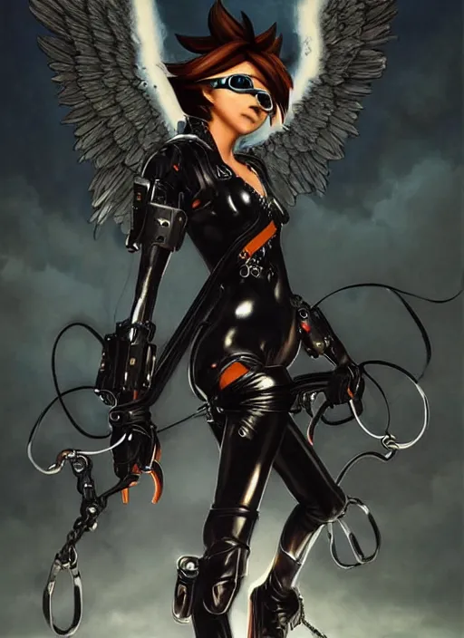 Image similar to full body artwork of tracer overwatch, wearing black latex outfit, in style of zdzisław beksinski, angel wings, dramatic painting, wearing detailed leather collar, black shiny armor, chains, black harness, detailed face and eyes,