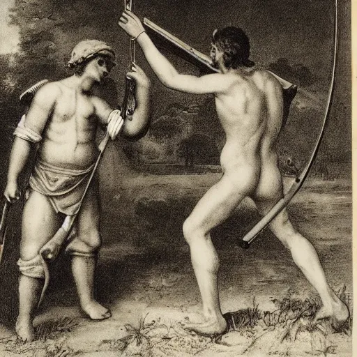 Image similar to cupido holding a rifle follows a prisoner