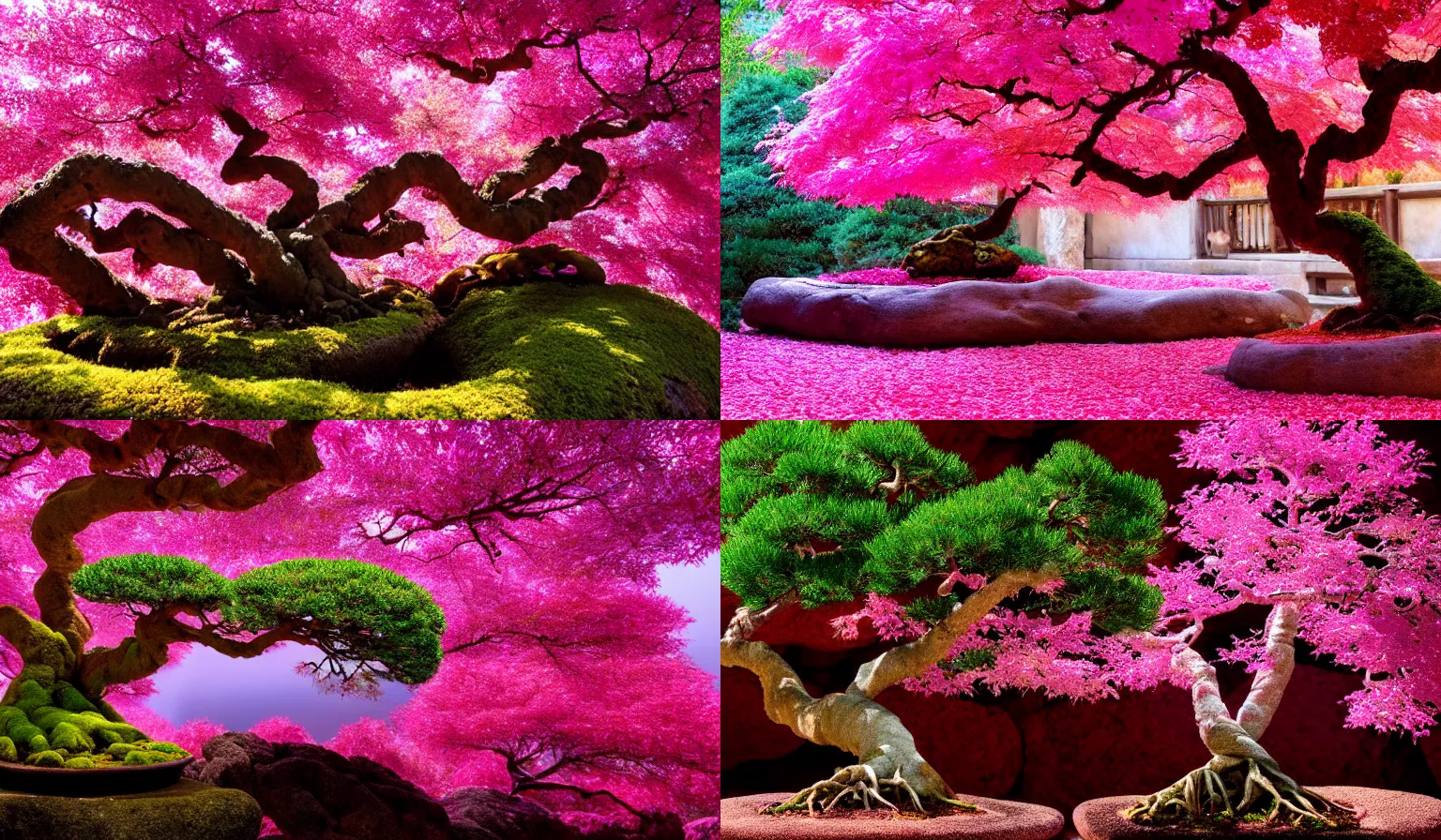 Prompt: shimmering bonsai tree hidden in a cave with pink leaves, cinematic lighting, beautiful, 4 k