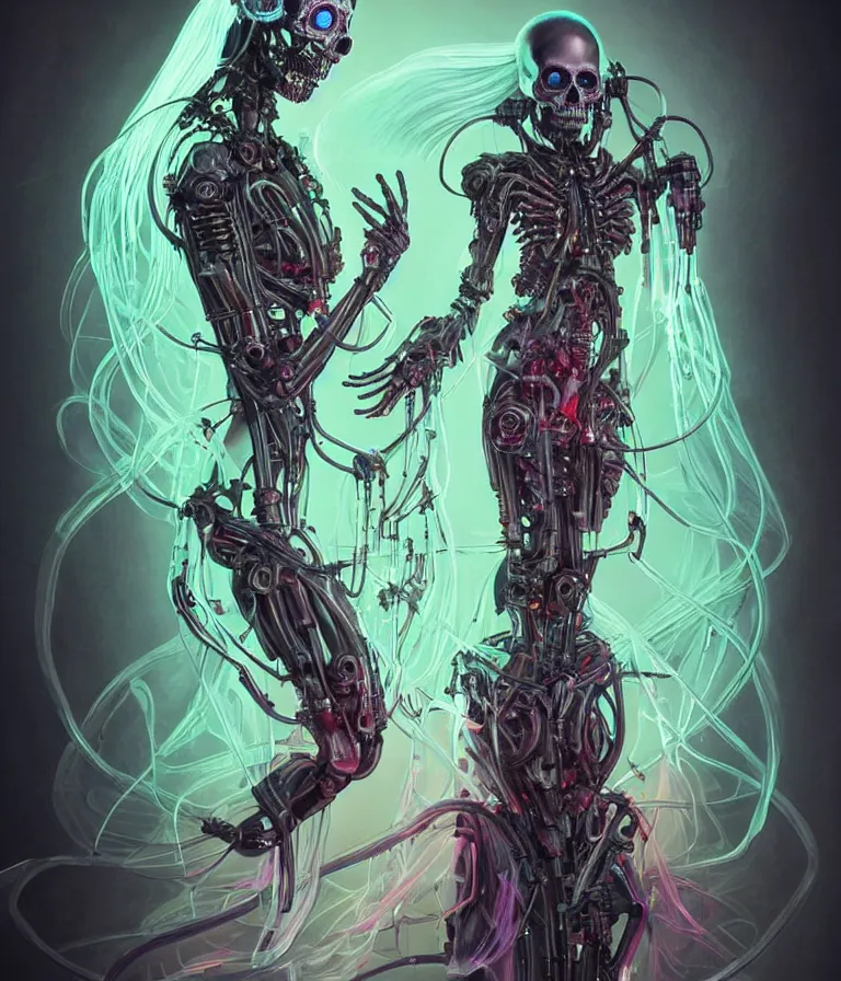 Image similar to fully symmetrical centered iridescent portrait of a beautiful princess of death in robe. skulls artificial muscles, ribcage, bones, hard surface modelling. cyberpunk look. biomechanical mask. bio luminescent biomechanical halo around head. neon jellyfish. artwork by jarold Sng by artgerm, by Eddie Mendoza, by Peter mohrbacher by tooth wu, unreal engine, octane render, cinematic light, high details, iridescent colors, dichroic, macro, depth of field, blur