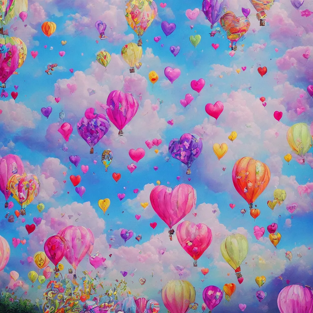 Image similar to ultra detailed painting that is beautiful and whimsical with cotton candy clouds and balloon hearts and flowers inside