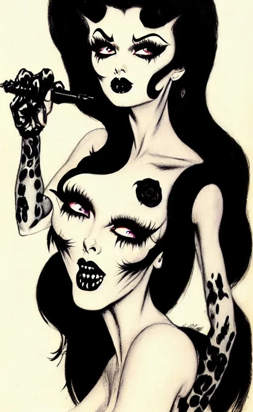 Image similar to goth girl with a detailed face and black hair, burlesque psychobilly, rockabilly, punk, white background, drawing, illustration by frank frazetta